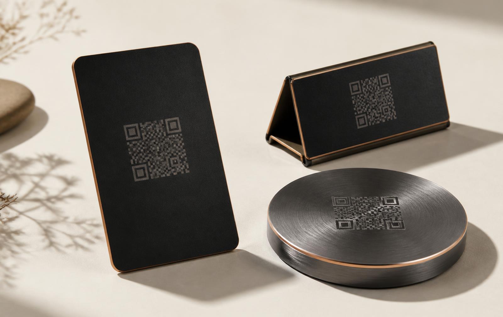 uTapiT review card, table stand and premium counter plate photographed together